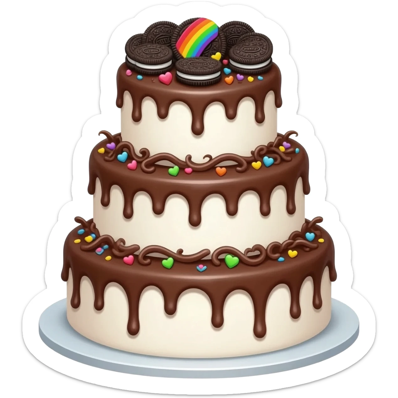 tiered beautiful white wedding cake decorated with oreo cookies rainbow heart sprinkles and chocolate swirls and chocolate icing sticker