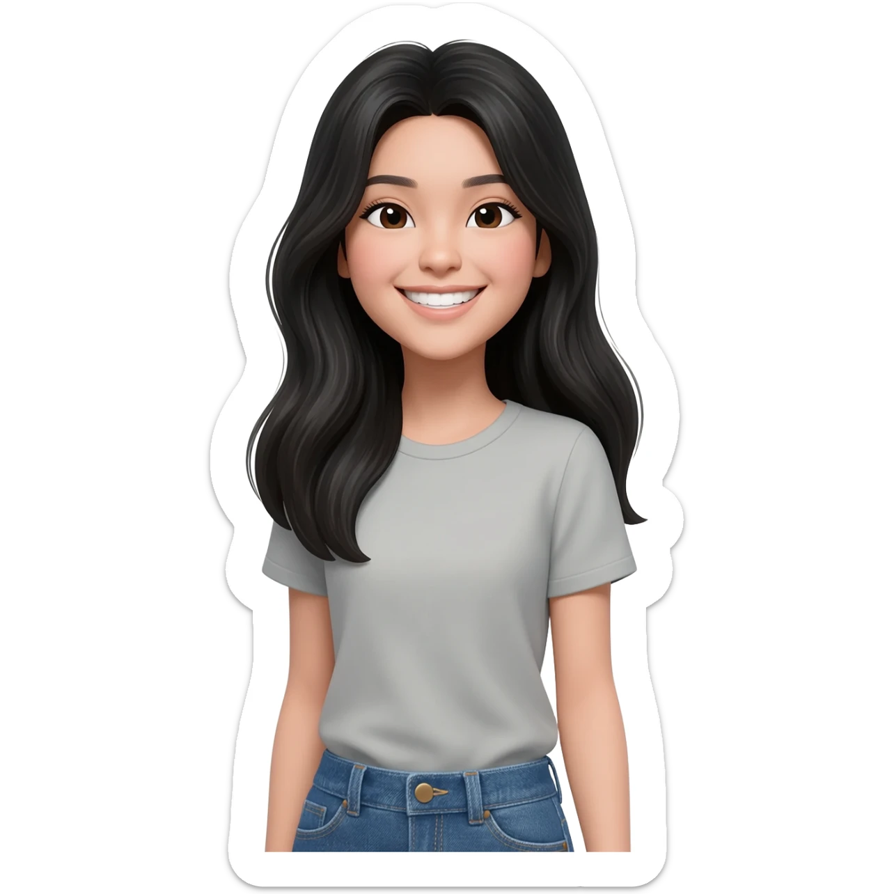 chica asiática con pelo negro largo y ojos negros achinados con ropa casual sonriente sticker