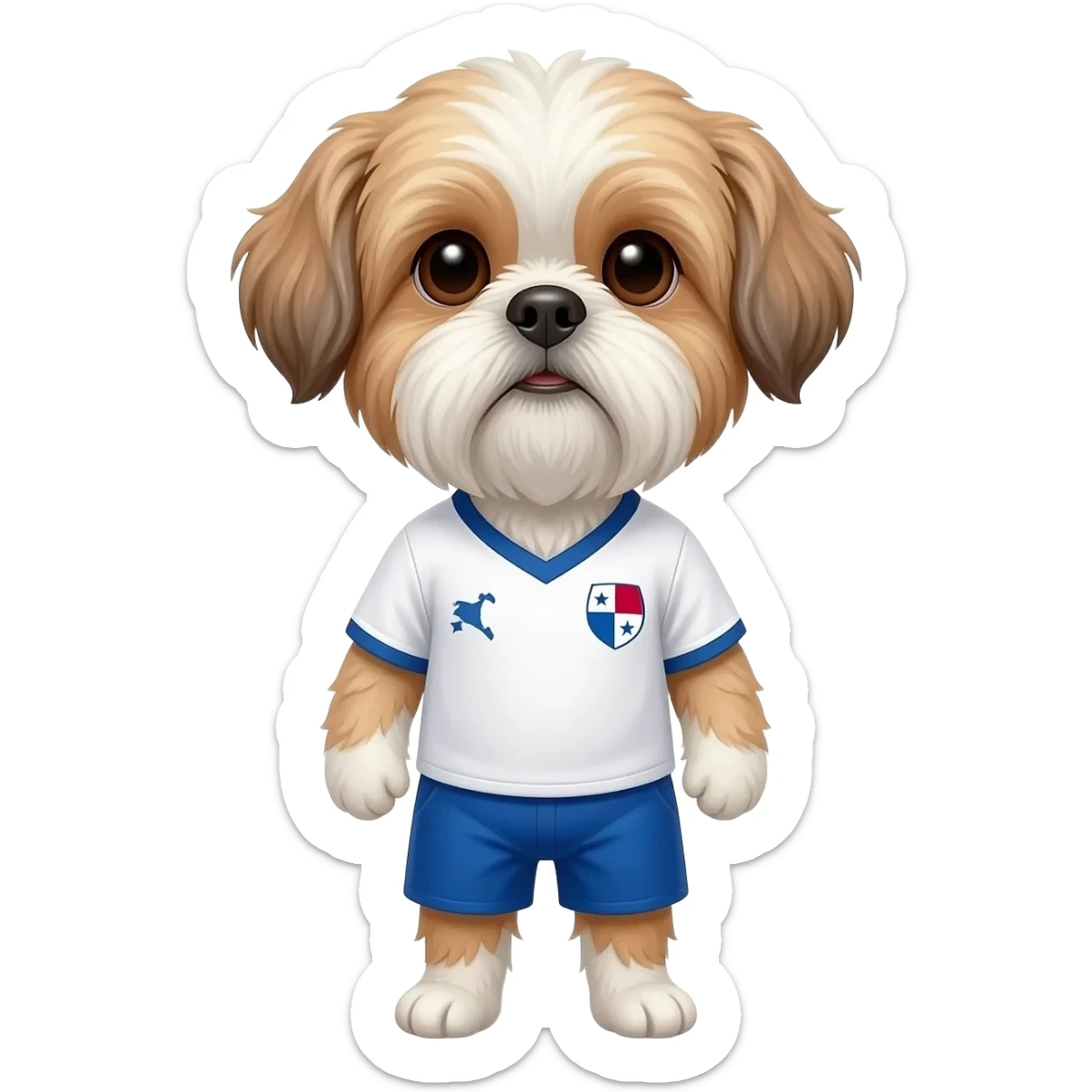 white and light brown shih zhu wearing a Panama soccer jersey v neck 2026 work cup sticker