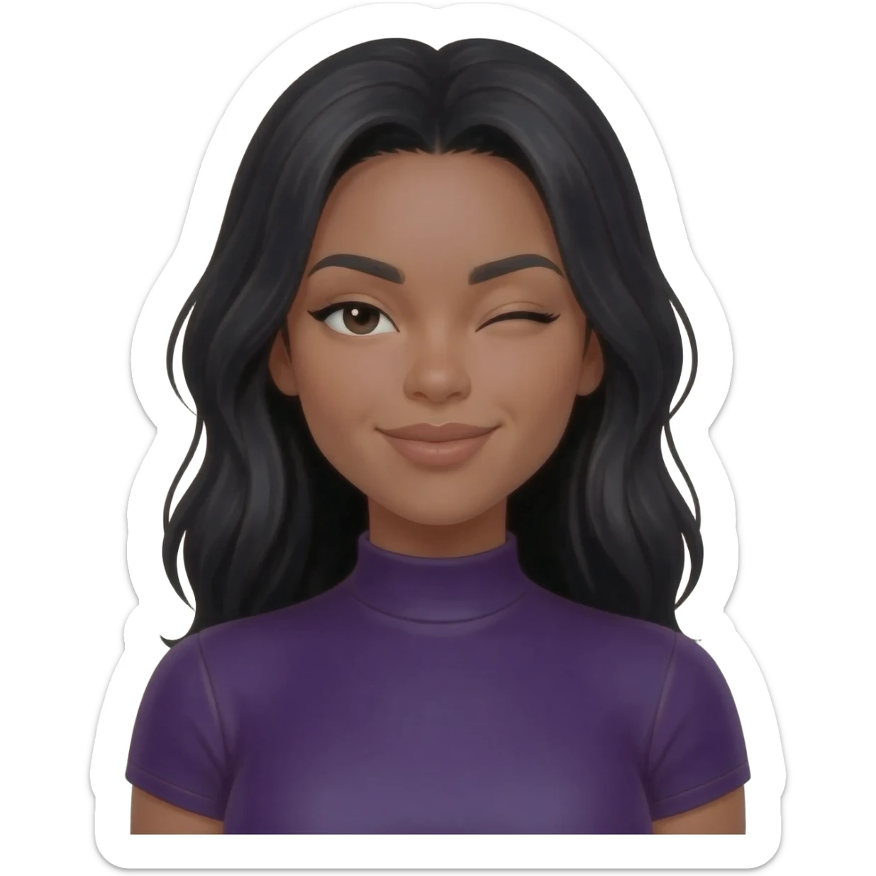 beautiful girl white in a y2k dark purple outfit, long black hair, winking sticker
