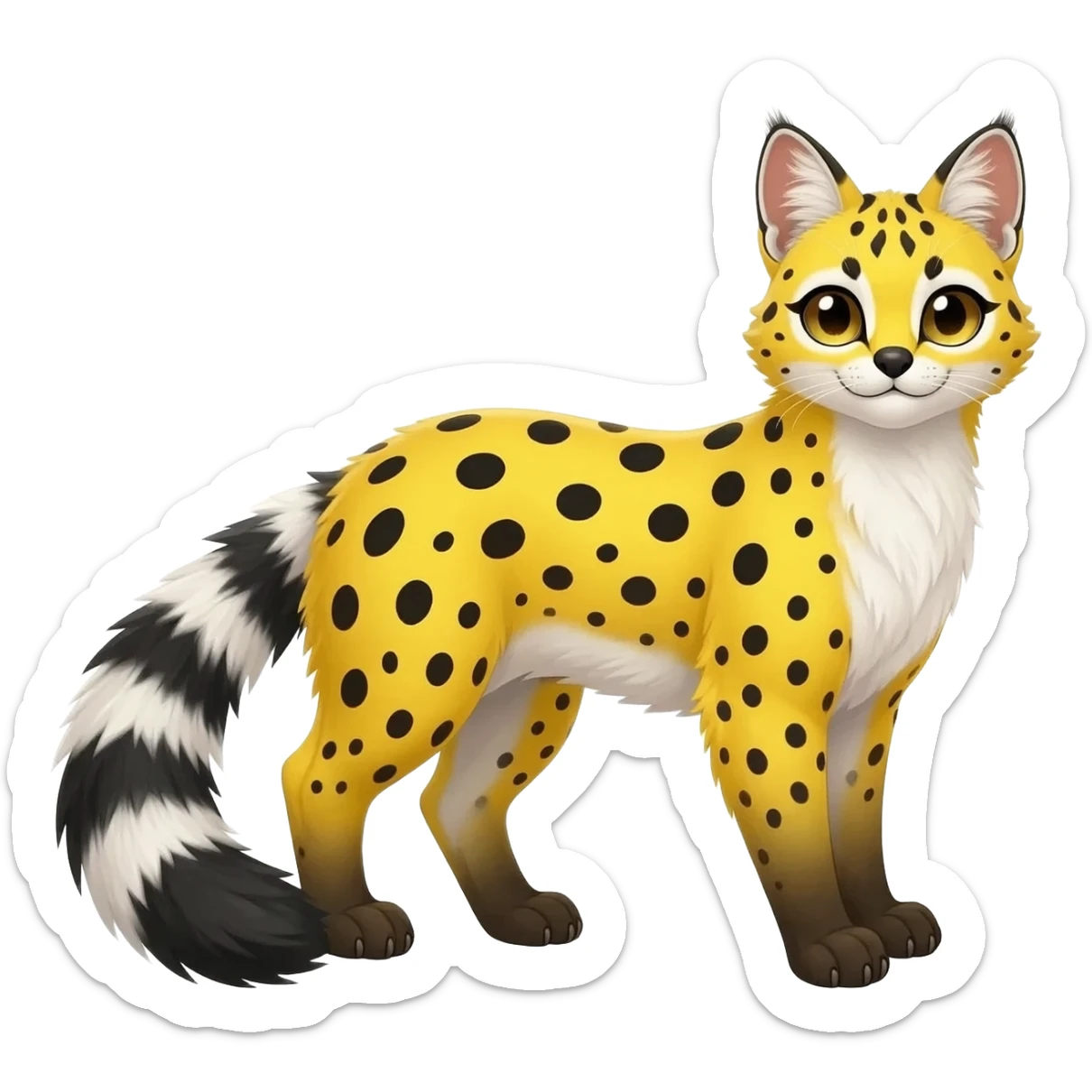 Lanky slender beautiful elegant spotted hype-realistic, black-maned, vibrant yellow Genet-Serval-Civet-fusion-hybrid-furry-fursona, full body, with a long puffy fluffy black-and-white-striped tail sticker