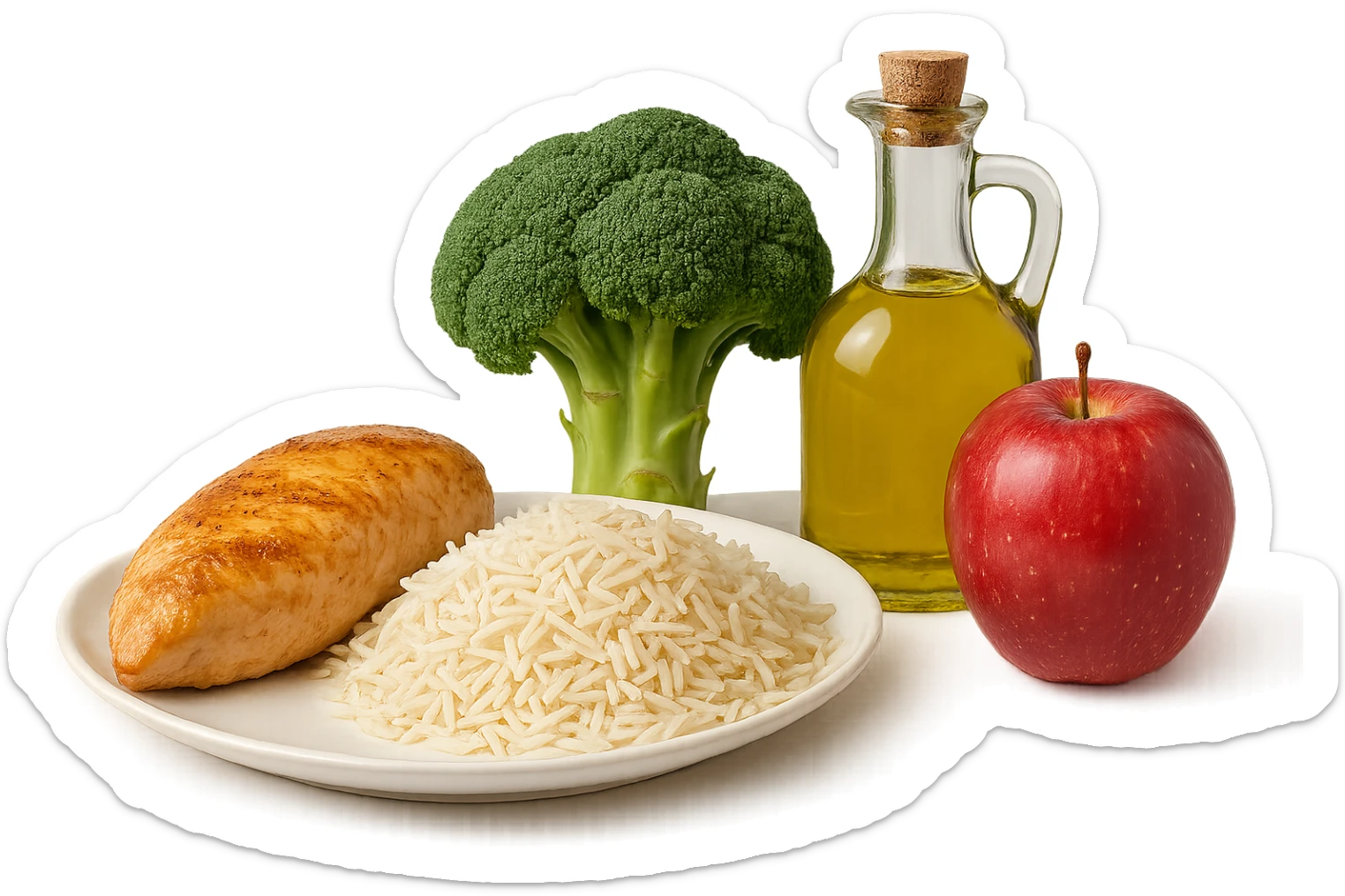 Riso basmati
Petto di pollo
Verdura fibrosa verde
Olio EVO
Mela
vista frontale, iperrealistico 4k sticker