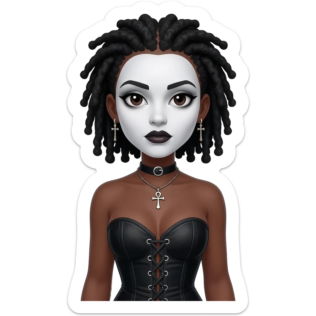 goth black girl with black corset, with brown skin, cross earrings, ankh necklace with center parted short black dreadlocks, whole white face paint sticker