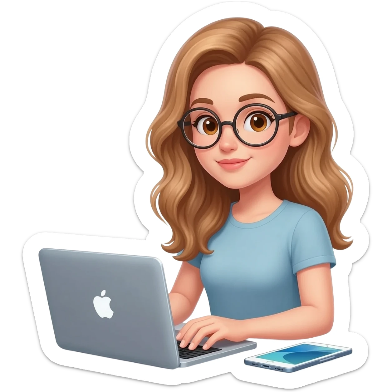 detailed emoji illustration of a woman with long light brown wavy hair and light brown eyes wearing round glasses, writing her book on a MacBook, with an iPad and an iPhone next to her, focused writing atmosphere, emoji style sticker