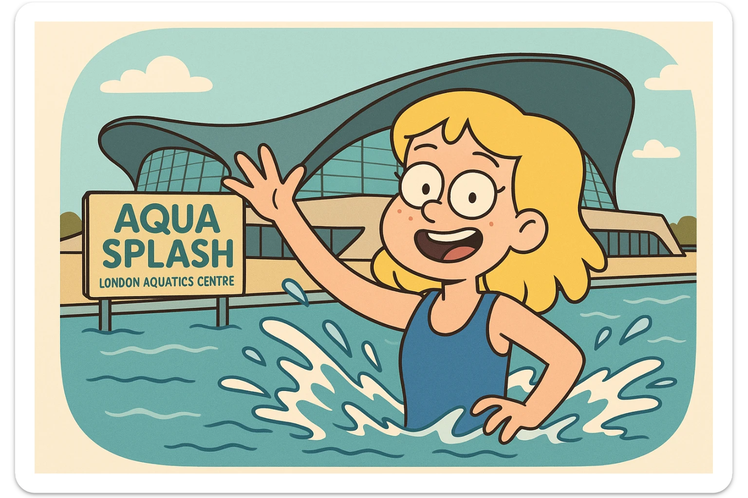 aqua splash london aquatics centre a girl yellow hair blue swimming suits sticker
