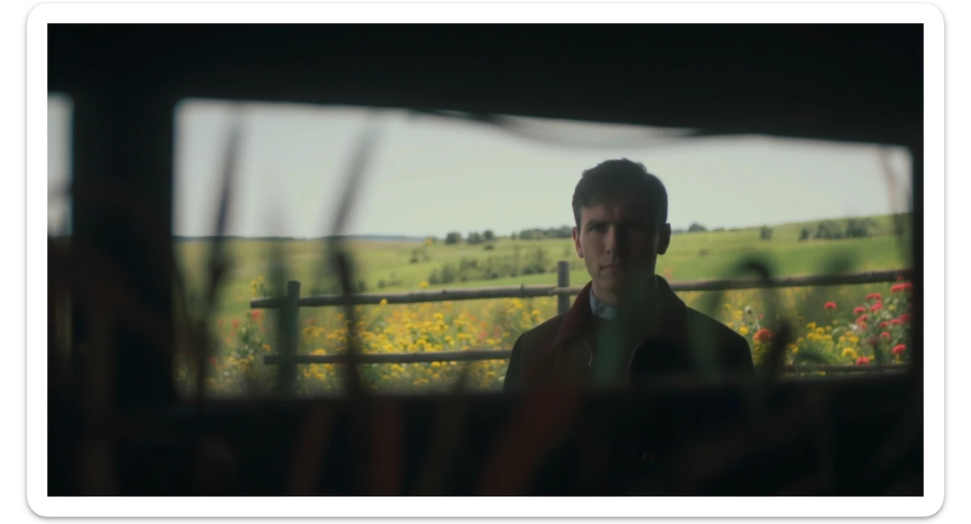 A portrait of a person in the foreground, blurred plants in the foreground (frame within a frame), a wooden fence and colorfull flowers in the midground, Poland, rolling hills in the background, cinematic depth of field, layered composition, natural lighting sticker
