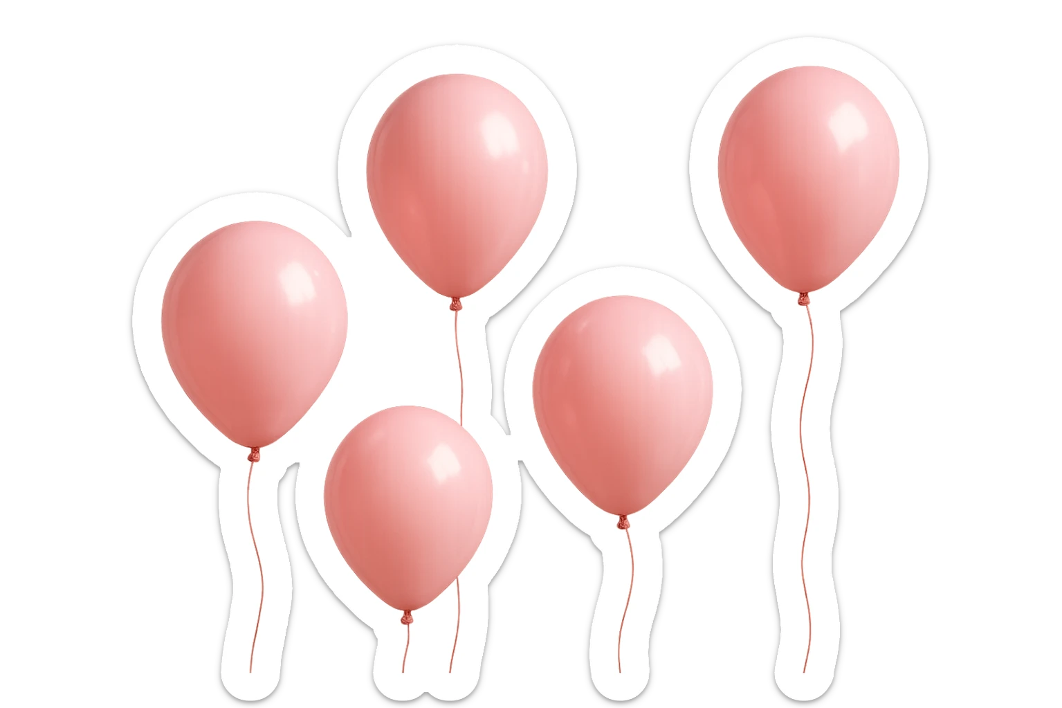 5 palloncini rosa fluttuano in aria isolati su sfondo bianco, iperrealistico 4k sticker