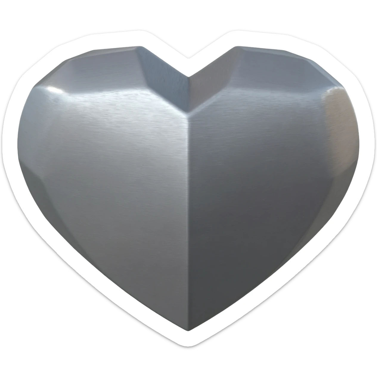 Minimalist 3D emoji based on image_e593fa.png: a heart shape made of solid, cold grey industrial steel. Subtle brushed texture, sharp facets. Isolated on white. sticker