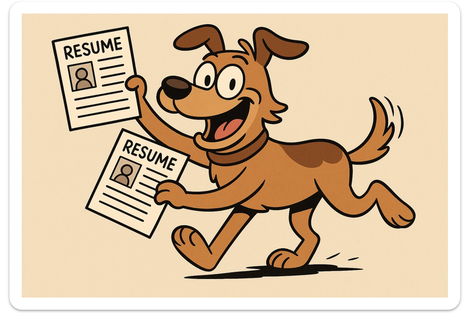 playful cartoon dog running with resumes in its mouth and one paw holding a resume up, big smile, wagging tail, energetic pose, classic cartoon style, friendly and inviting sticker