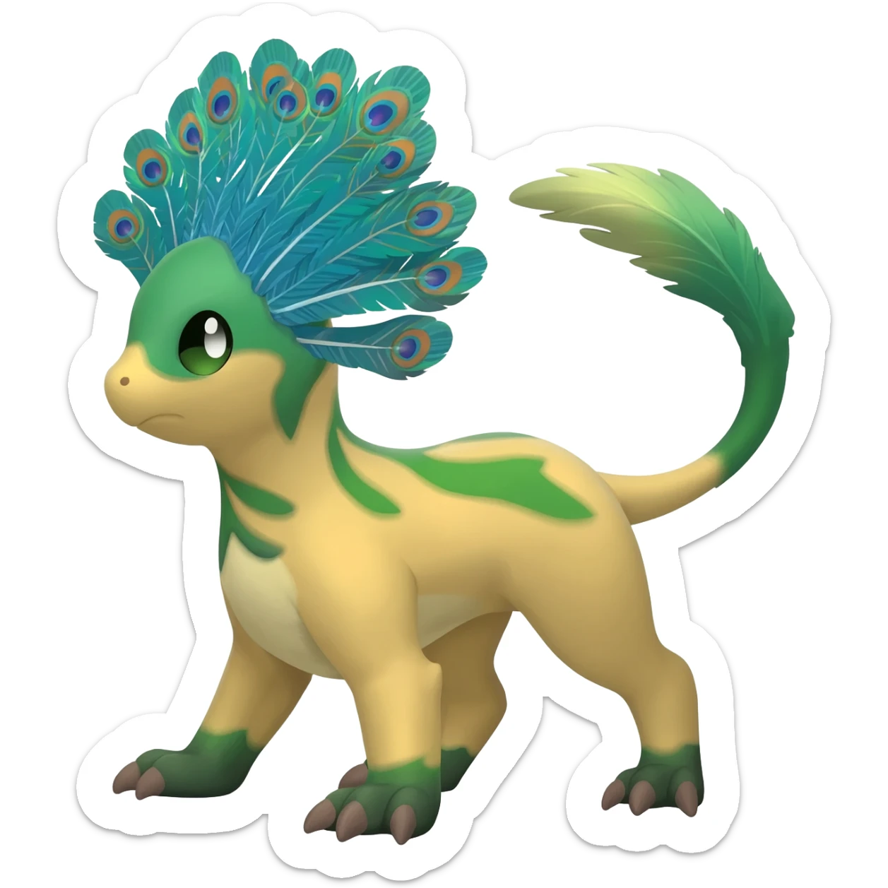  beautiful handsome gorgeous aesthetic colorful vibrant Vernid-Trico-species-Fakemon-creature by LiLaiRa, 4 legs, 1 tail, random markings, (full body) with a peacock-like-feather-headdress sticker
