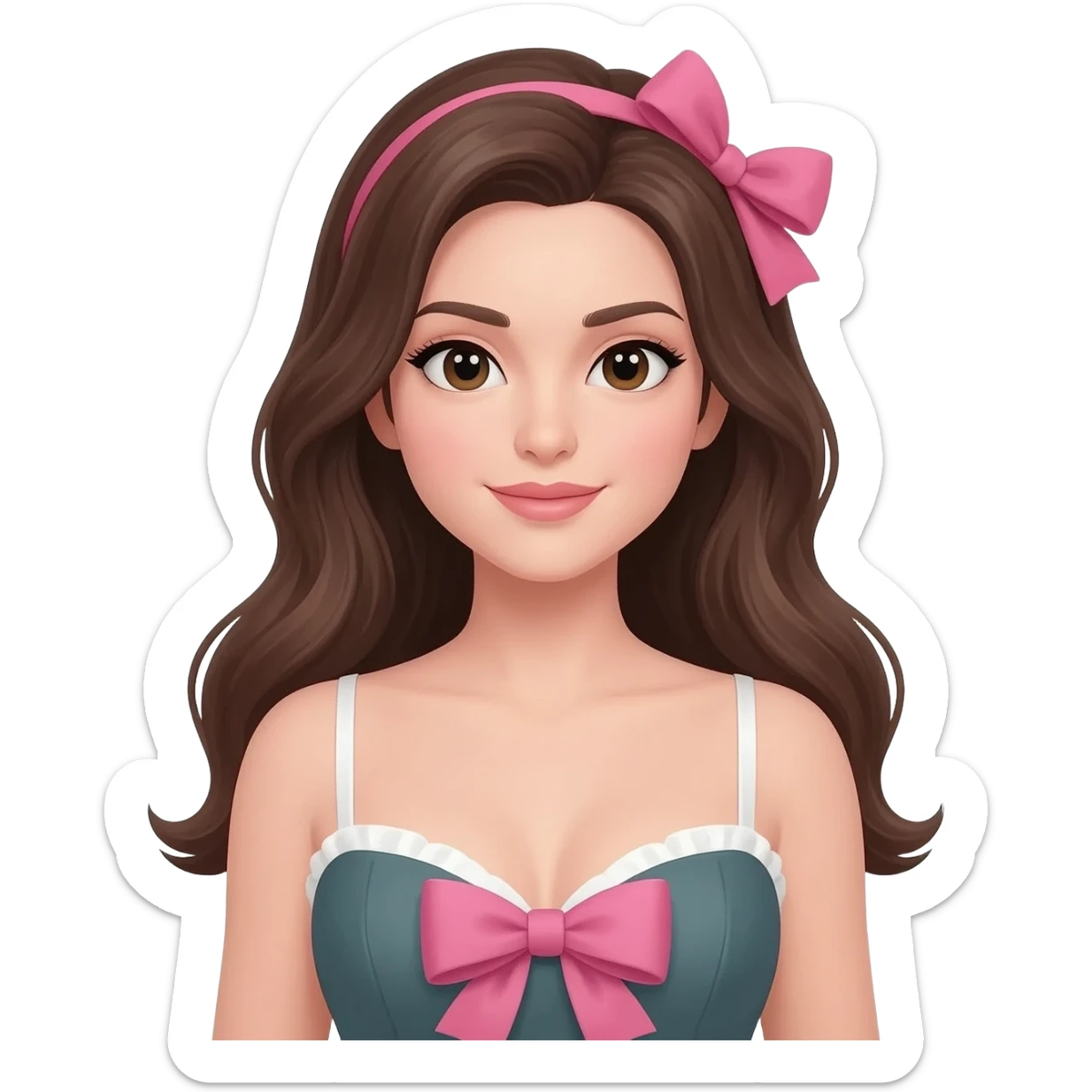 Long brunette hair tied with a bow, wearing a sexy dress with a bow on the chest, and very fair sticker