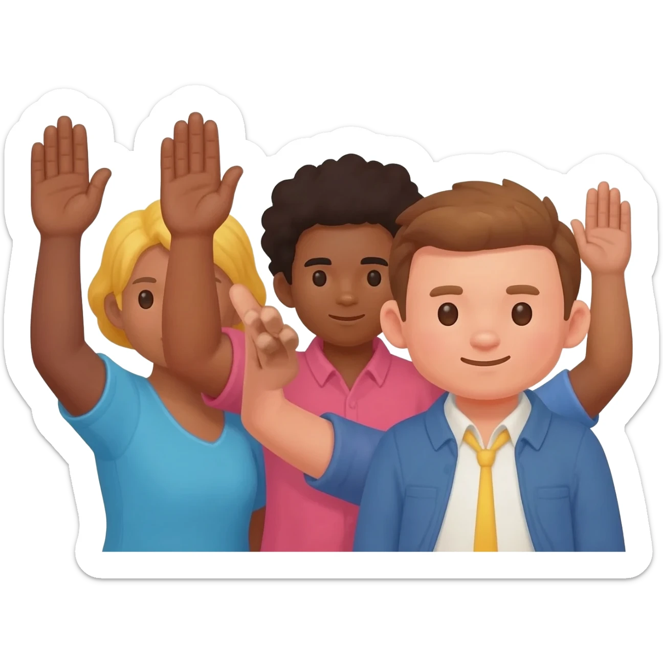 personas de diferentes razas levantando la mano derecha como pidiendo su turno, algo como este: 🙋 sticker