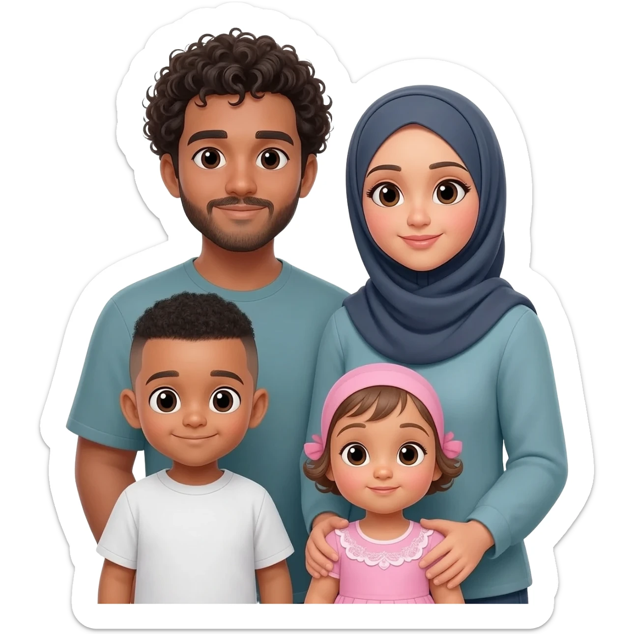 Family of four man woman 1 year old boy and baby girl but make the woman a hijabi and the boy younger man with a low fade pern get rid of the torso infront of woman give tha man curly hair sticker