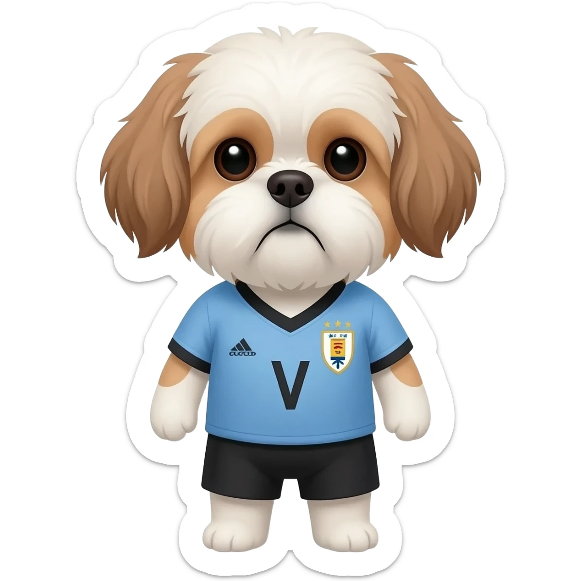 white and light brown shih zhu wearing a Uruguay soccer jersey v neck 2026 work cup sticker