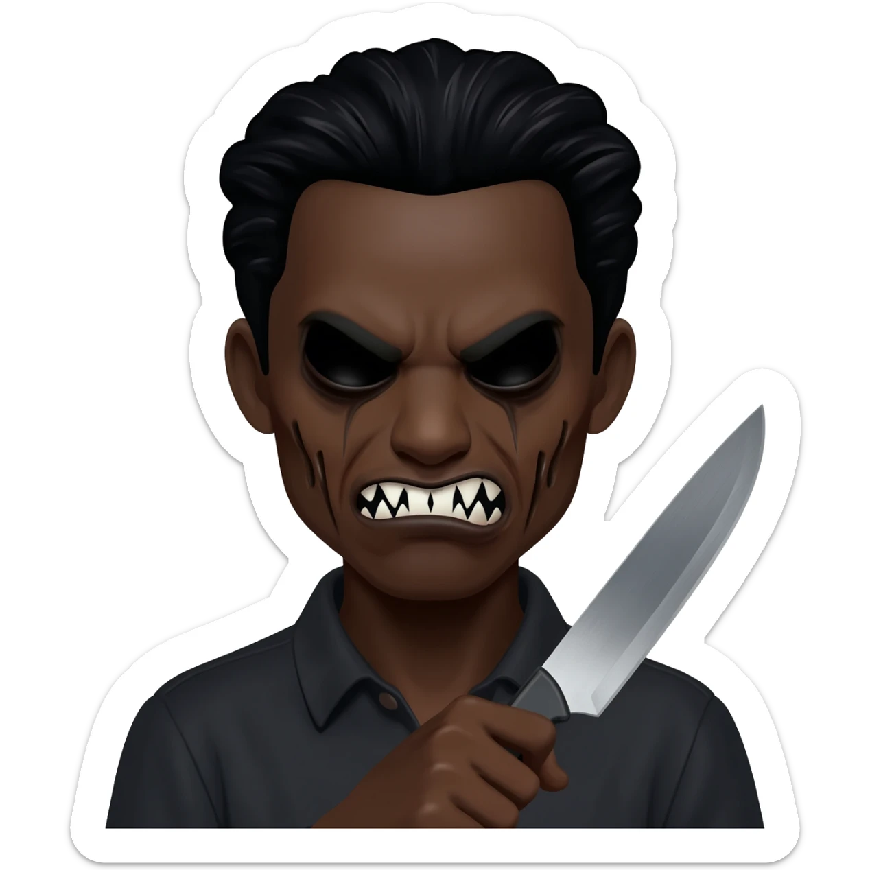 generate a black scary emoticon with black hair and a knife in 112 x 112 format with a transparent background sticker