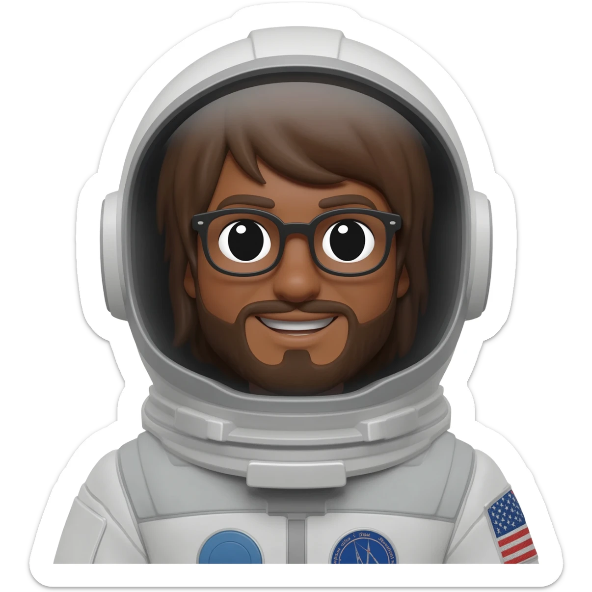 astronaut with helmet in space brown skin, black eyes, glasses and beard smiling a bit long hair show body sticker