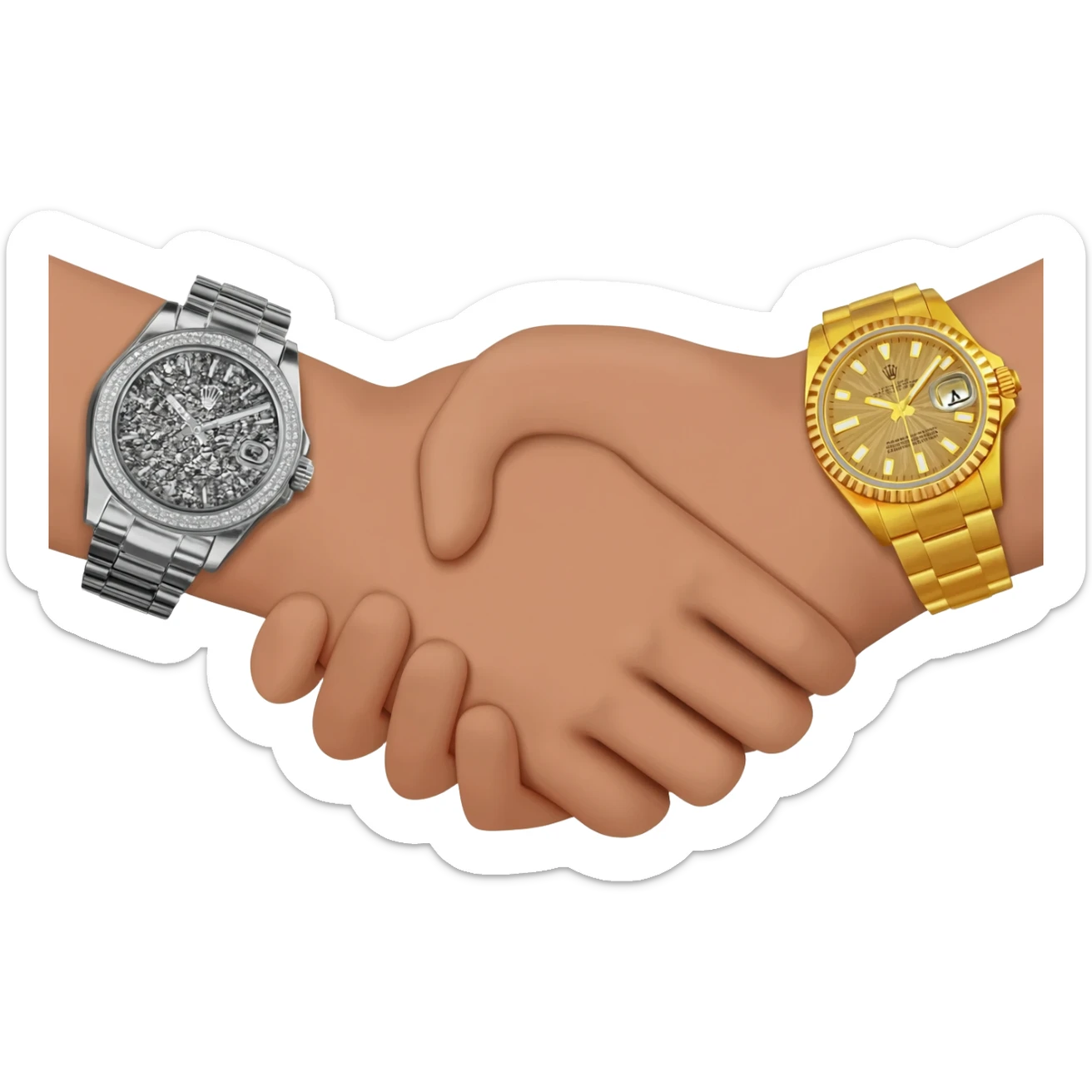 Emoji of a handshake, close-up on wrists, one with a silver iced-out Rolex, the other with a gold iced-out Rolex, cartoon style, bold colors, focus on luxury watches, transparent background. sticker