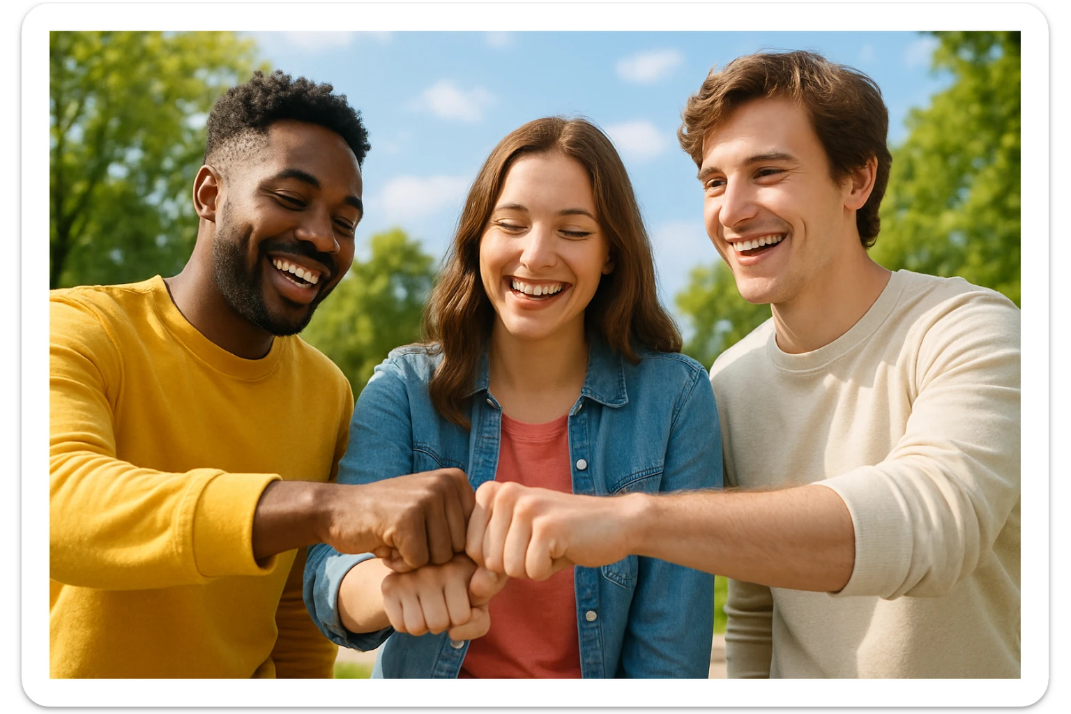 three friends making a group fist bump, hands meeting in the center, positive energy sticker