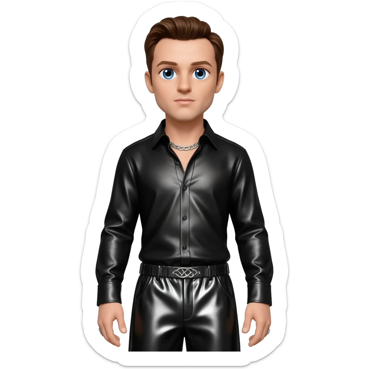 Mark Feehily from Westlife with blue eyes, brown hair, black metallic shirt, black metallic baggy pants, silver necklace sticker