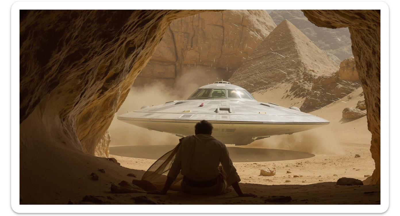 cinematic still, documentary photography, acient egypt, back shot of a man dress in ancient clothes in cave (frame in frame effect) on ground laying front of small ufo starship, sand flying around, palms, dynamic scane, leading lines, captured by arri alexa, depth layers, piramids in babckground sticker