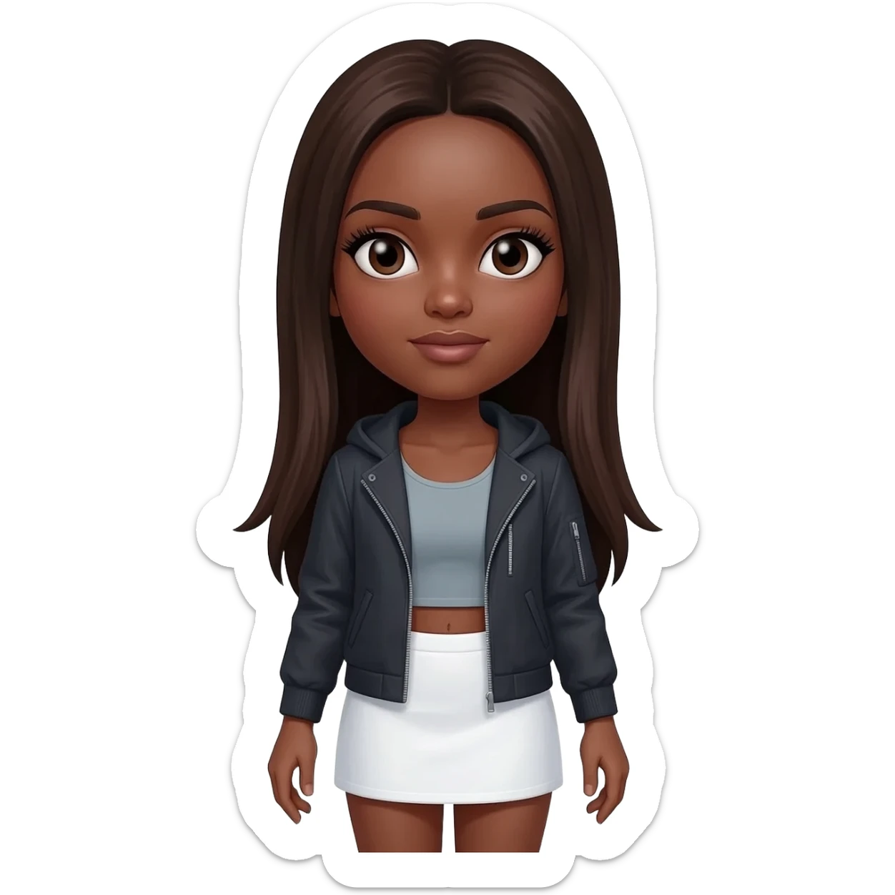 A girl with brown olive skin very very dark brown hair pretty dark brown eyes with long natural eyelashes wearing a lulu lemon tang top and jacket allong with a white mini skirt  straight medium length hair sticker