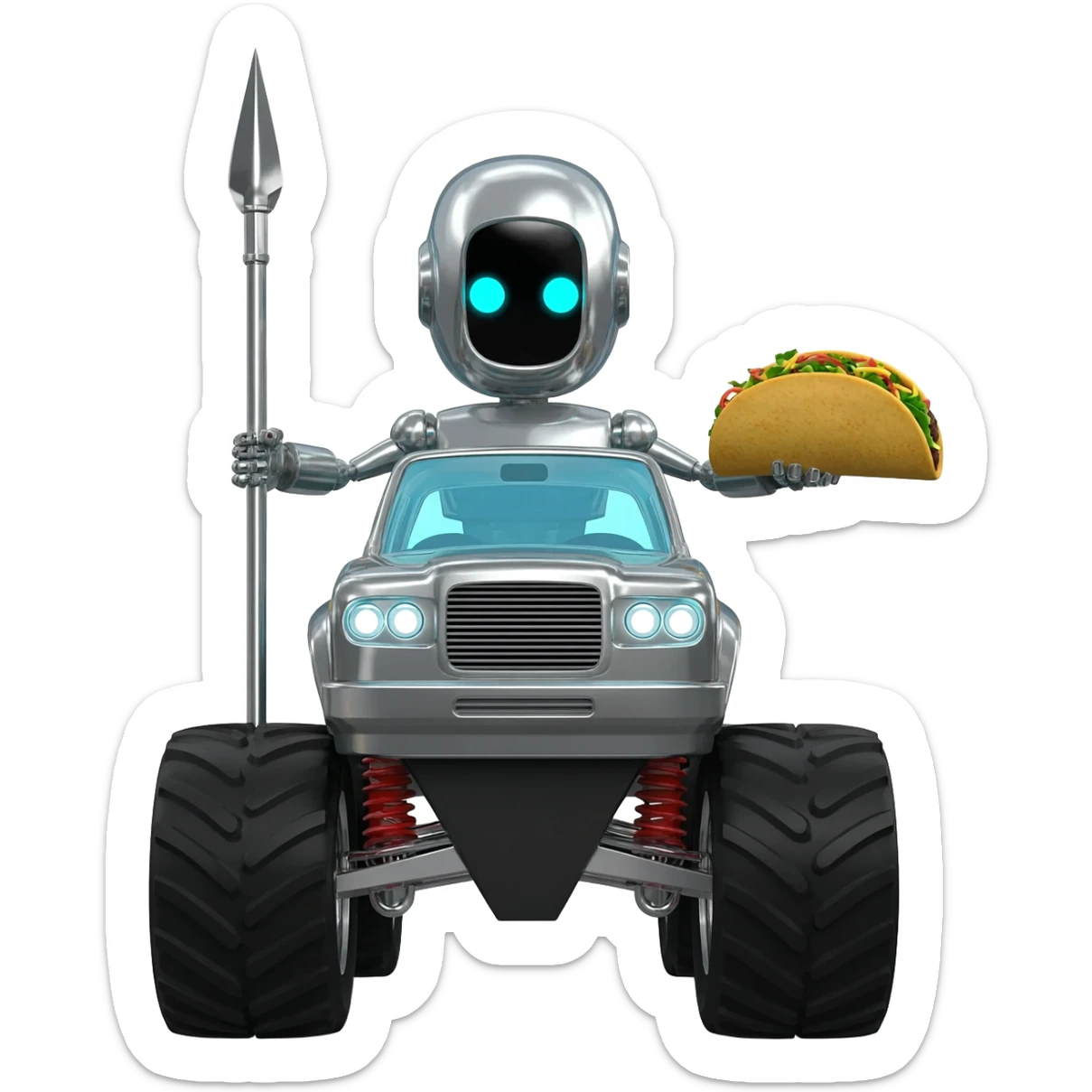 Robot riding a monster truck holding a spear and taco sticker