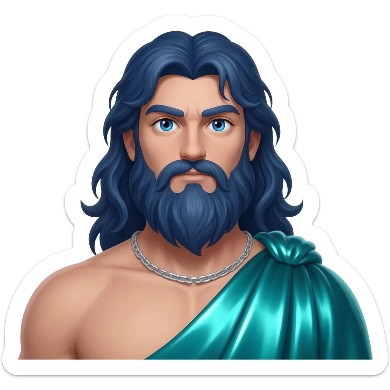 Poseidon from Greek Mythology with blue eyes, long dark blue hair, sea green metallic toga, silver necklace sticker