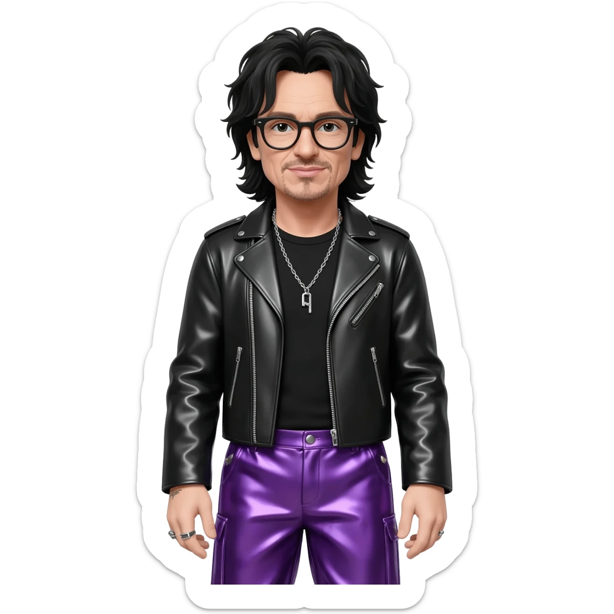 Bono with long black hair, black shirt, black metallic jacket, purple metallic baggy pants, sliver necklace, black glasses sticker