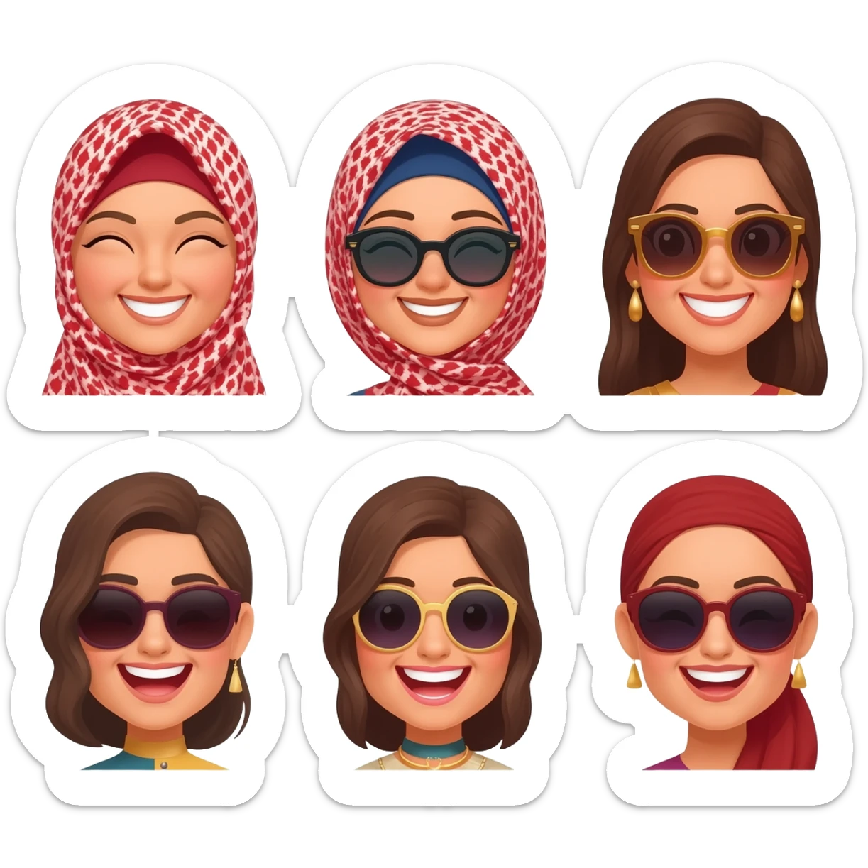 smiling face, cute face, luxury face & loving face, laughing face, beauty face, sunglass face generates 7 different emoji same look like arbic ladys sticker