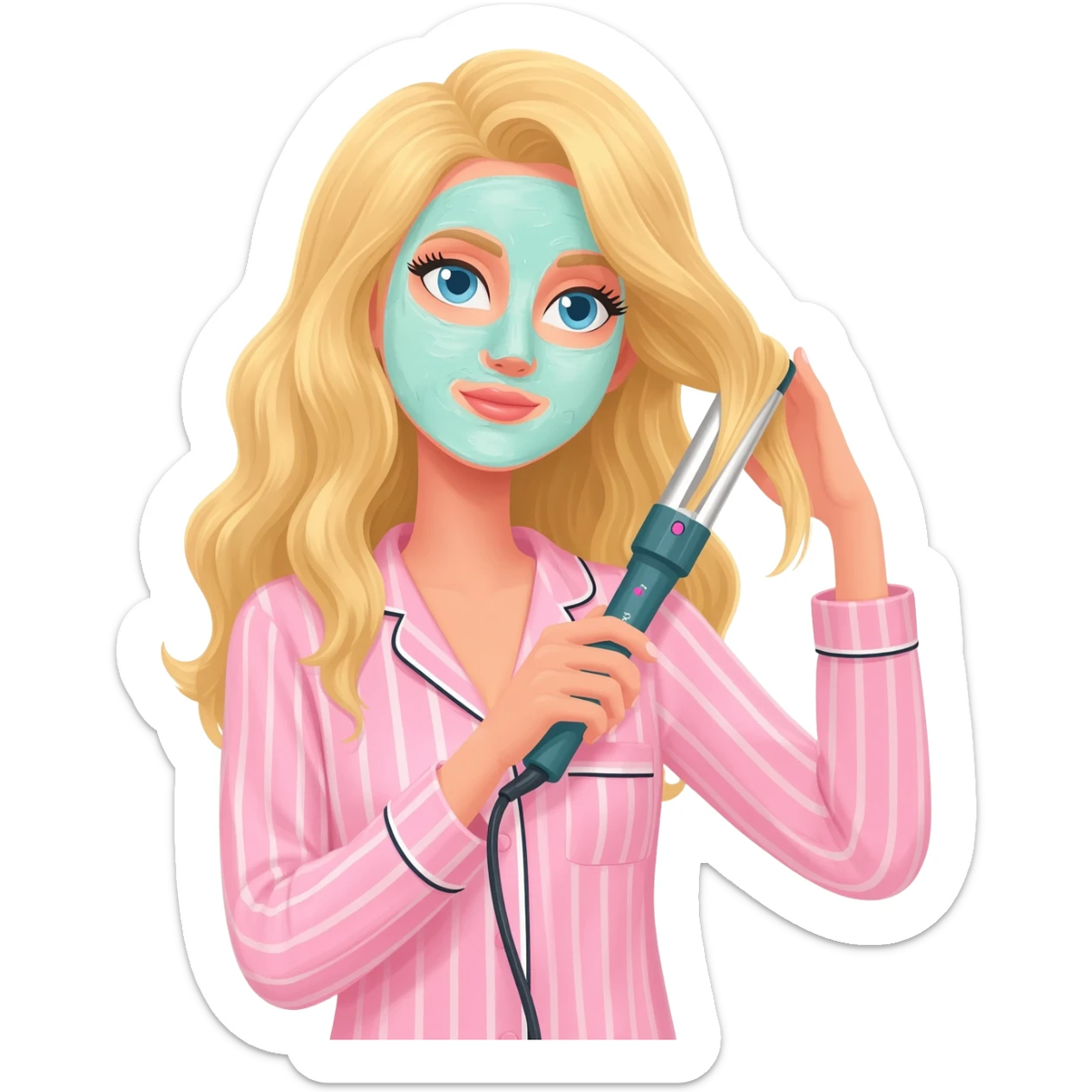 Draw a blonde girl wearing striped Victoria's Secret pajamas, styling her hair with a curling iron, and also apply a skincare mask. sticker