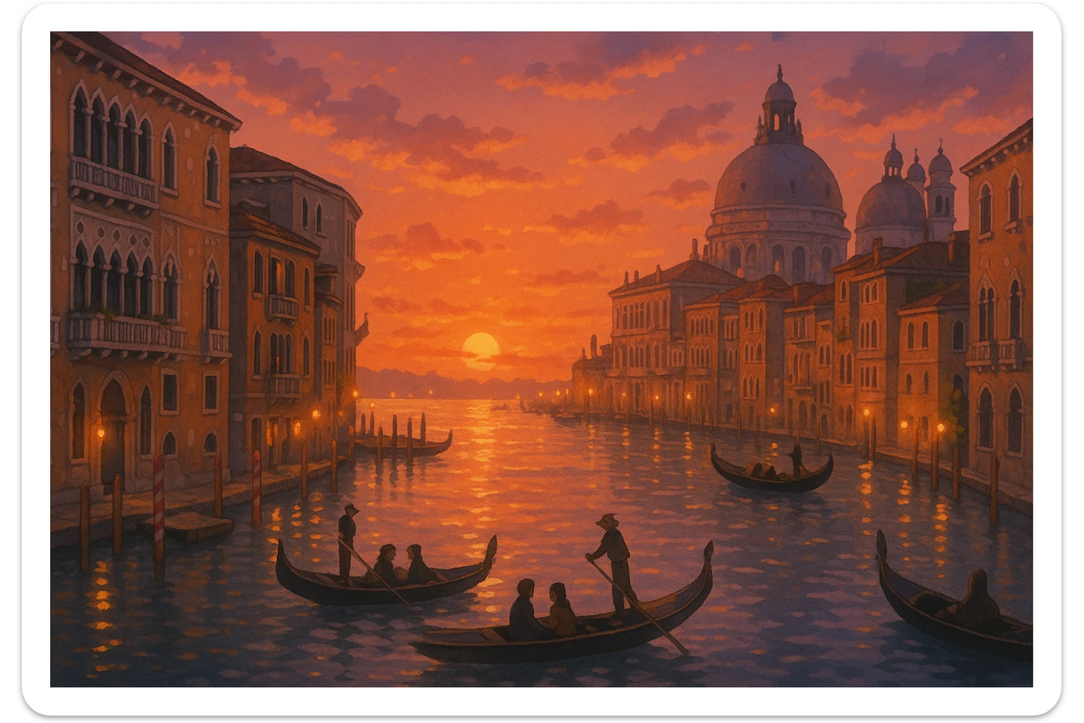 Venice, Italy, romantic sunset over the Grand Canal, dreamy Ghibli-inspired style sticker