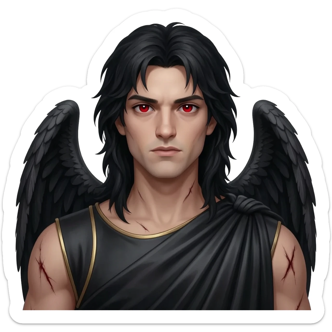 Male Fallen Angel from Christian Mythology with red eyes, long black hair, black metallic toga sticker