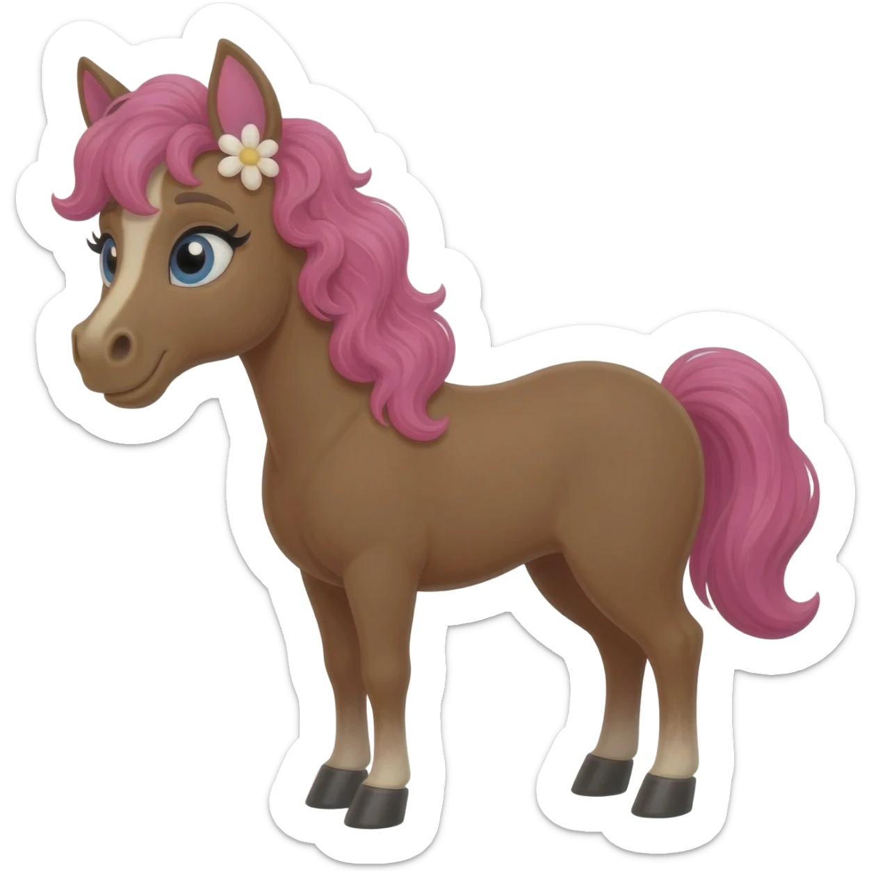 cheval marrons avec des mèche rose avec des yeux bleu et des oreilles en forme de fleur, les chevuex boucléq sticker