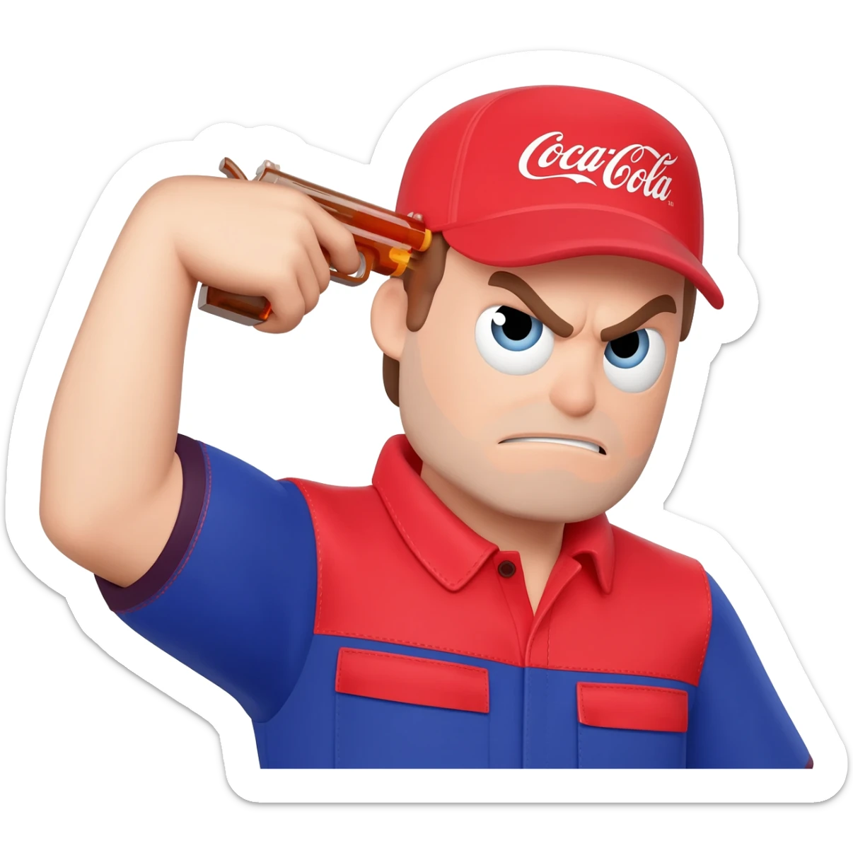 grumpy coca-cola employee with a toy gun pointing to his head sticker