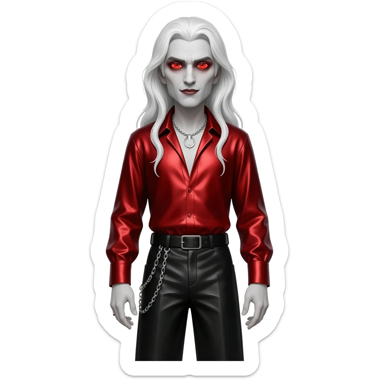 Count Dracula with red eyes, long white hair, red metallic shirt, black metallic baggy pants, silver necklace sticker