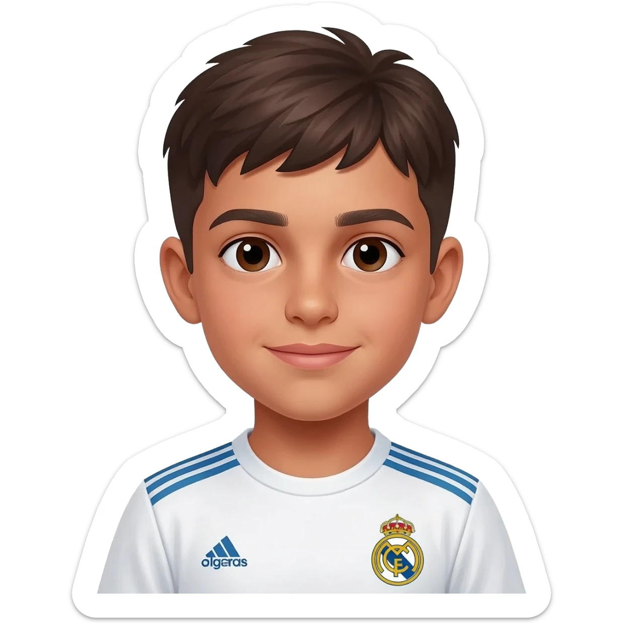 garçon métisse algérien 12 ans brun cheveux mi courts avec maillot réal Madrid sticker