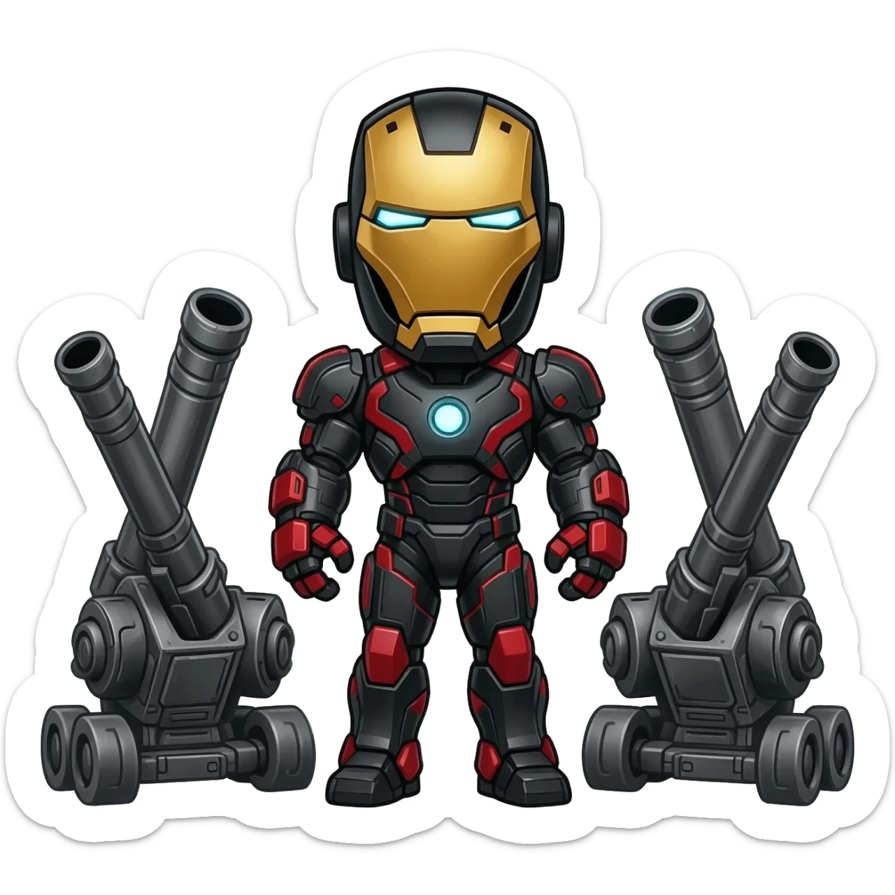 Iron Man avec tous ses équipements et des gigas canons autour de lui et son armure est noir et rouge sticker