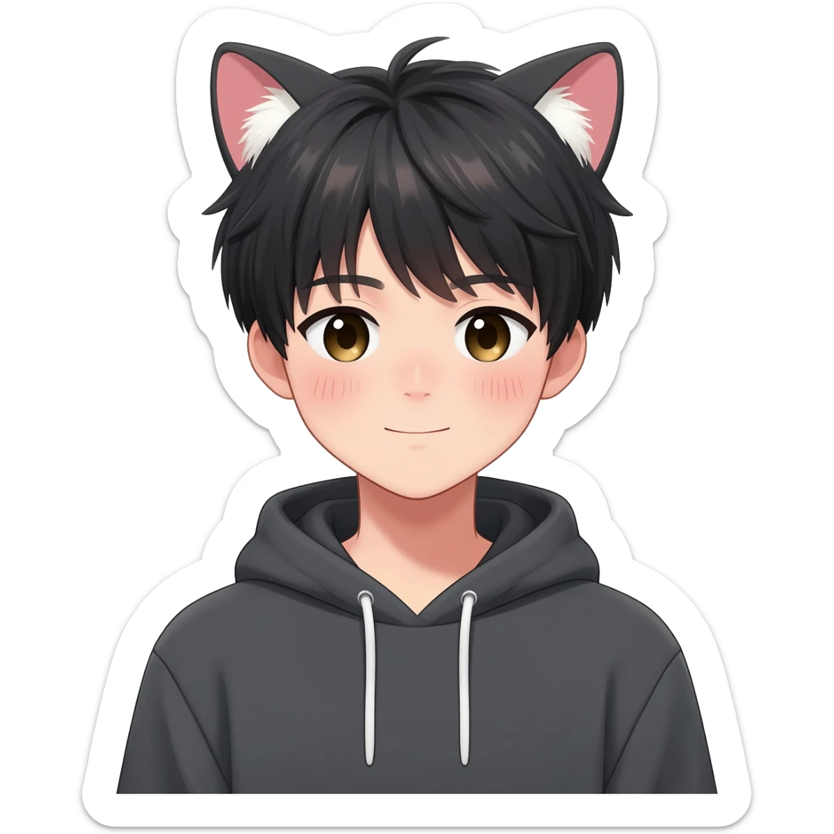 Gorgeous romantic anime style Asian shojo guy with cat ears and blushing face and hoodie aesthetic trending style outside sticker