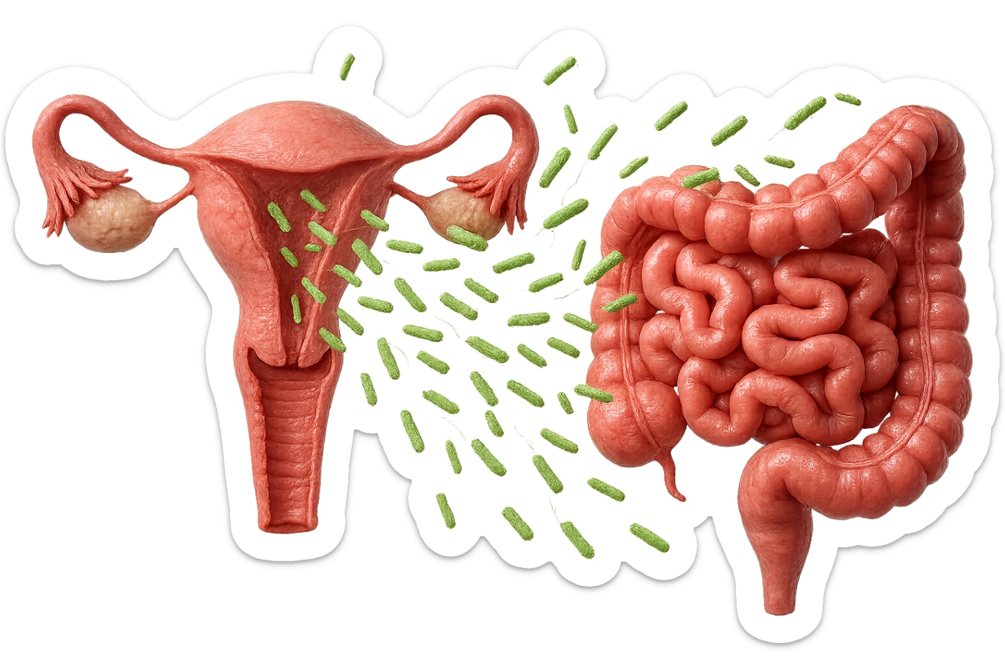 UTERO UMANO E INTESTINO ANATOMICI REALISTICI SONO UNO ACCANTO ALL'ALTRO E SI PASSANO I BATTERI A VICENDA, CON BATTERI CHE ESCONO DALL'INTERNO, IPERREALISTICO 4K, NON DISEGNATO sticker