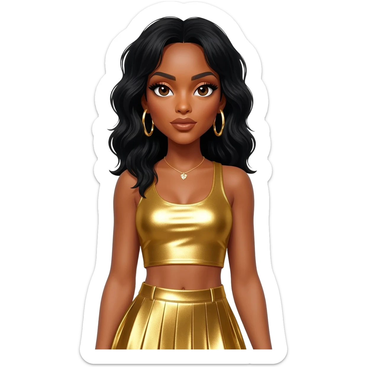 Kelly Rowland with black hair, gold metallic crop top, gold metallic skirt, gold earrings sticker