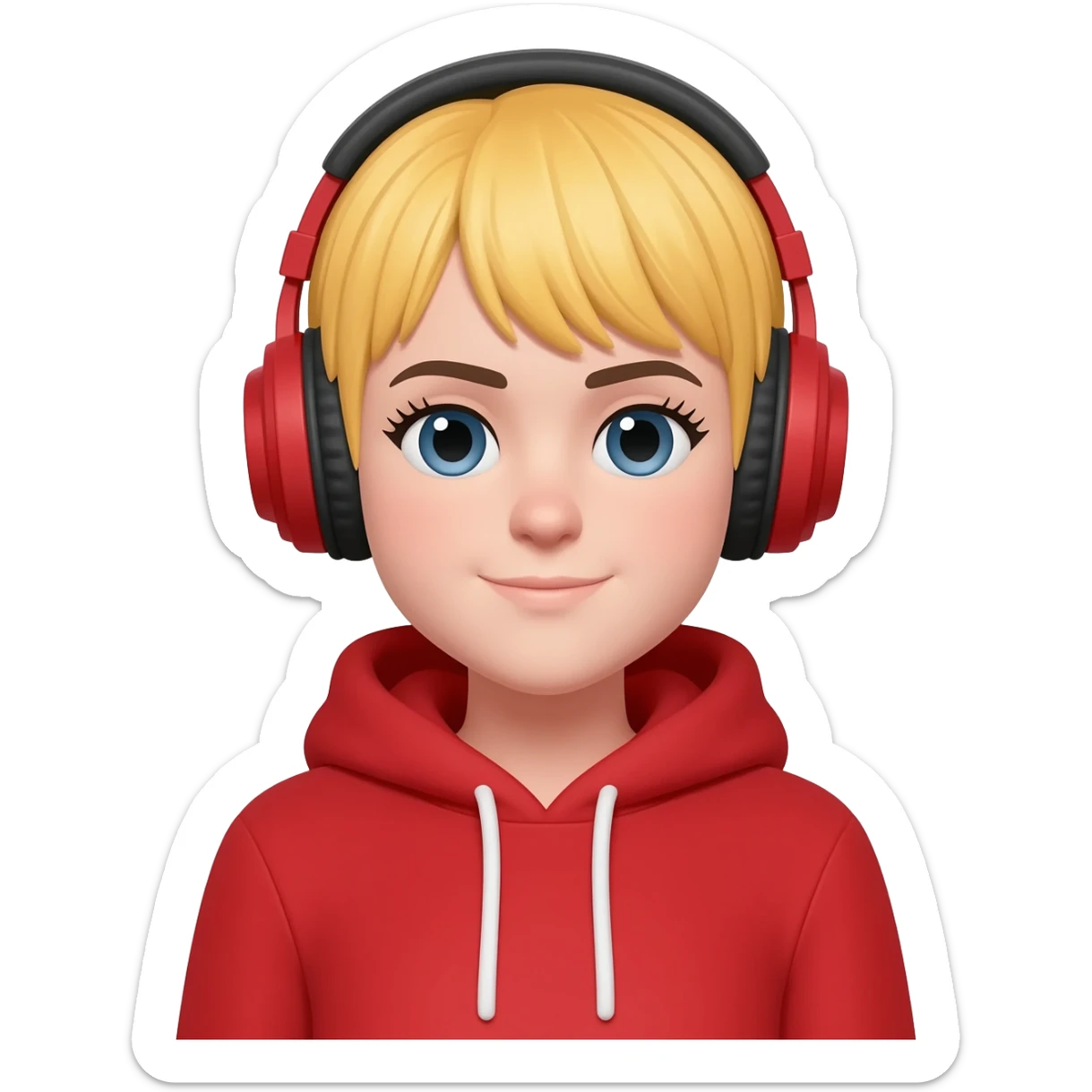 A blond girl with a red hoodie on and headphones on sticker