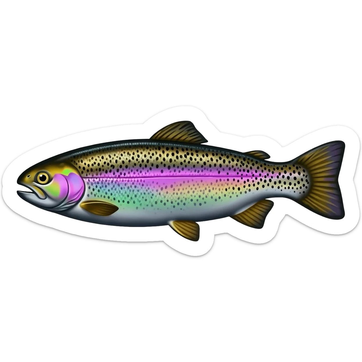 realistic rainbow trout fish bright saturated purple blue green yellow white with scales and black speckles sticker