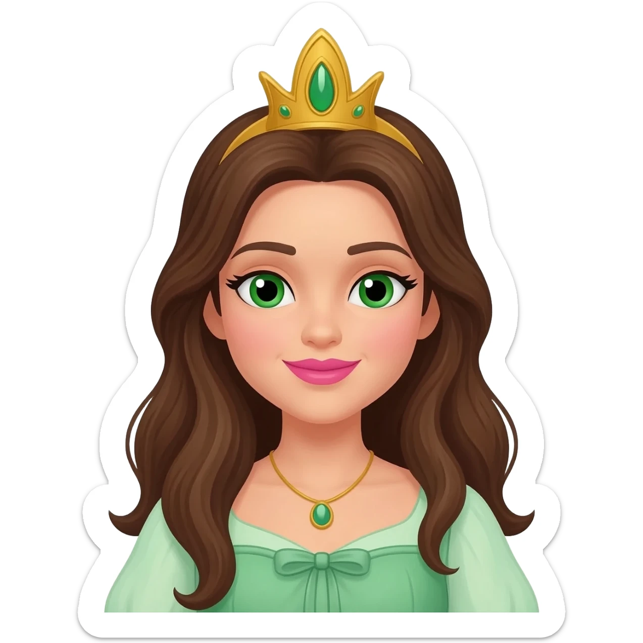 Princess Ozma from The Land of Oz with green eyes, pink lipstick, long brunette hair, light green dress, gold crown sticker