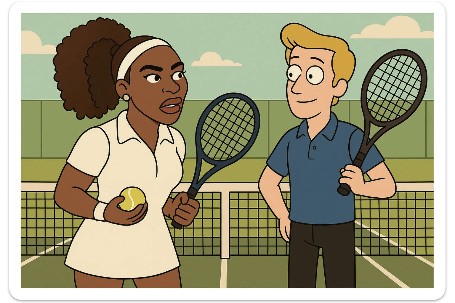 Serena Williams white shirt dress tennis racket one ball tennis a man dark yellow hair blue shirt black trousers tennis racket tennis court background  sticker