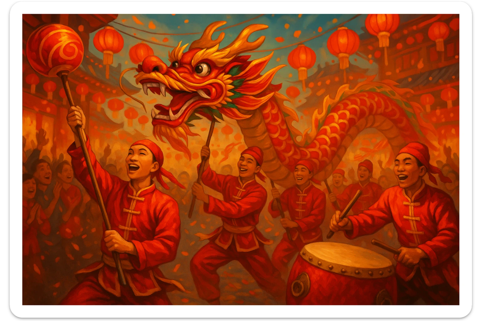 Chinese New Year dragon dance celebration, vibrant colors and lively energy sticker