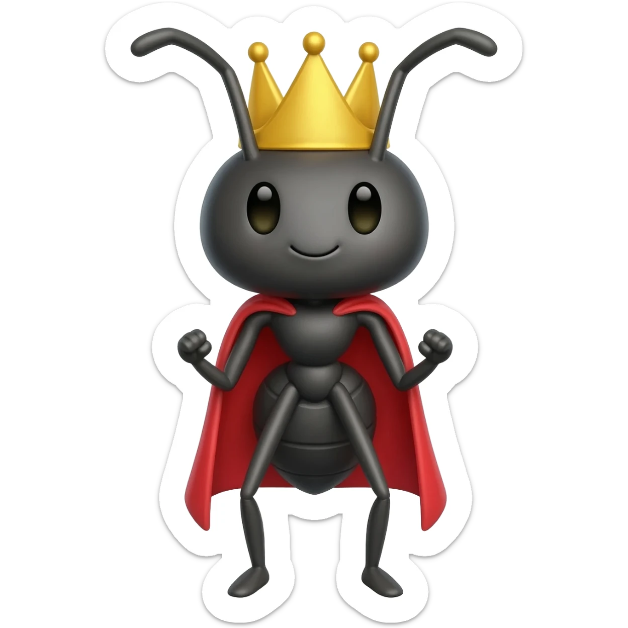 Ant with golden crown doing superhero pose, without cape, but with the minimal features of an ant sticker
