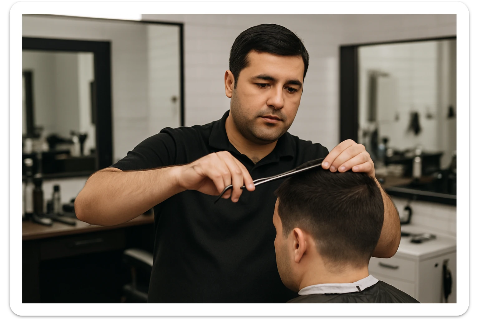 shu odamni sartaroshxonada mijozlarni sochini olayotganin  tasvirlab ber juda yosh ham katta ham bo'lmasin semiz ham bo'lib ketmasin o'smirin davrini yuzi ko'rinmasin sticker