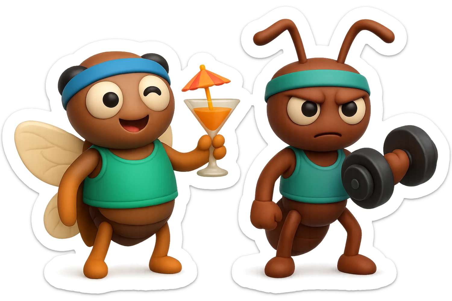 EMOJI STILE IPHONE 3D DI UNA CICALA E UNA FORMICA IN ABITI FITNESS, LA CICALA HA IN MANO UN COCKTAIL MENTRE LA FORMICA HA IN MANO UN MANUBRIO DA PALESTRA. L'IMMAGINE RAPPRESENTA IL FATTO CHE LA FORMICA VOGLIA IMPEGNARSI REALMENTE PER CAMBIARE IL SUO FISICO MENTRE LA CICALA SI VUOLE DIVERTIRE E NON CONCLUDE NULLA ALLA FINE sticker