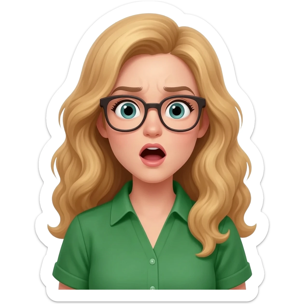 green shirt suprised woman with long curly blonde hair an glasses sticker