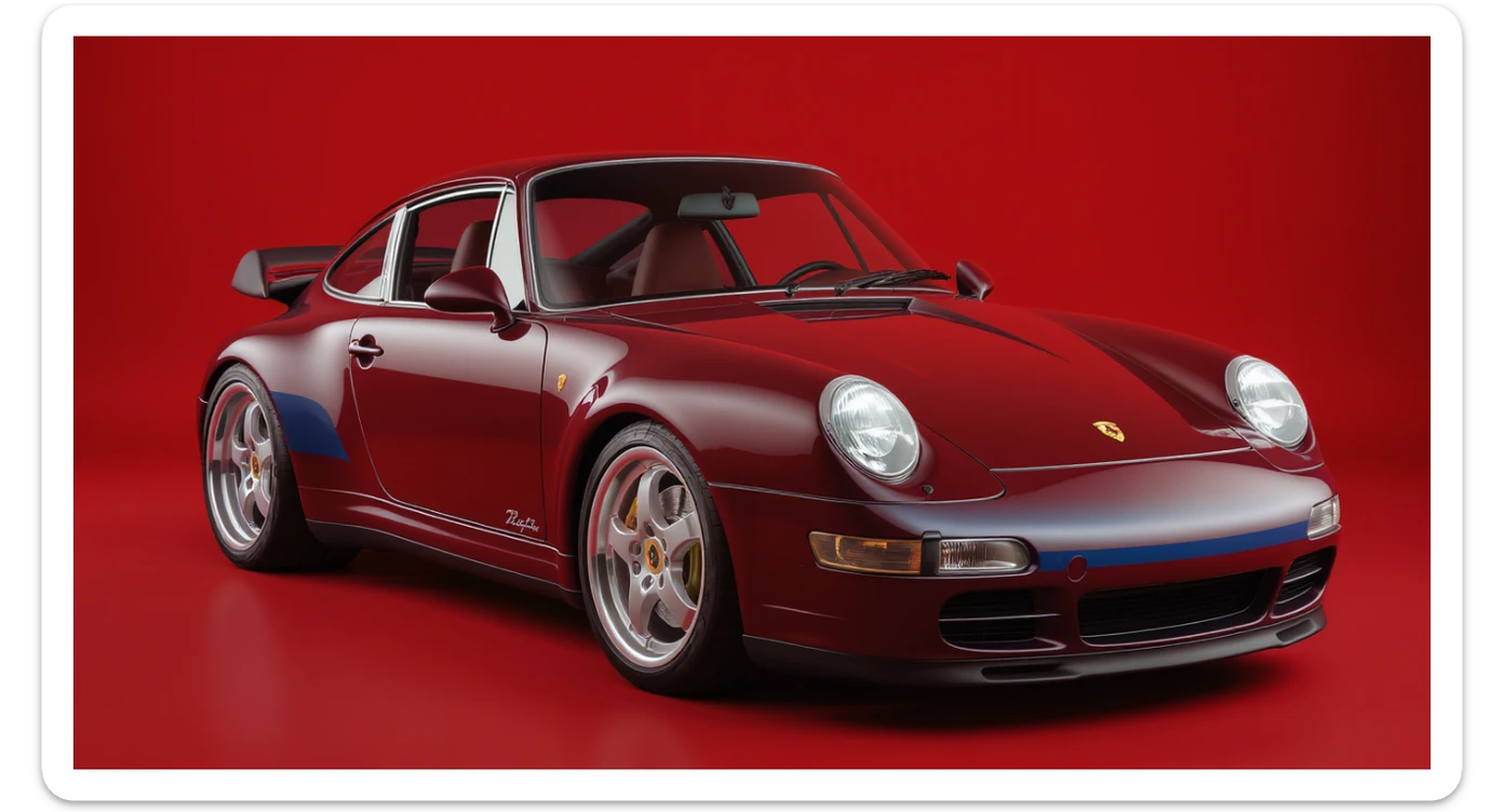 Medium shot of a porsche 911, body of car made of russian capret, red solid studio background, low keu light, top soft light, dutch angle,  captured by ARRI 65 sticker